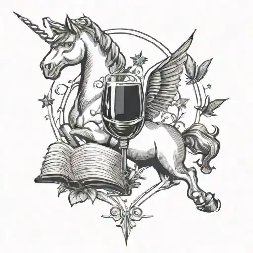 Unicorn And Book And Drink Wine Glass Filled Sky