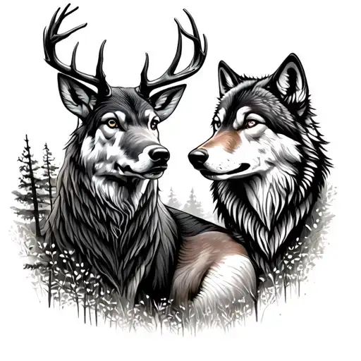 Deer And Wolf In The Woods