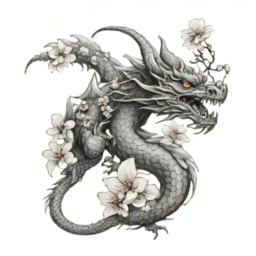Dragon With Realistic Cherry Blossom