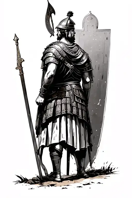 Ancient Roman Soldier Standing Backward On A Battlefield