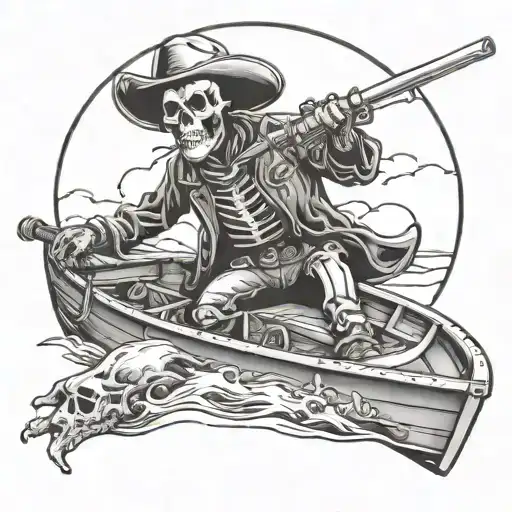 Skeleton Cowboy In A Boat With Night Vision Goggles
