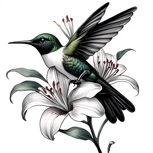 Humming Bird With Orchids And Tiger Lily Flower