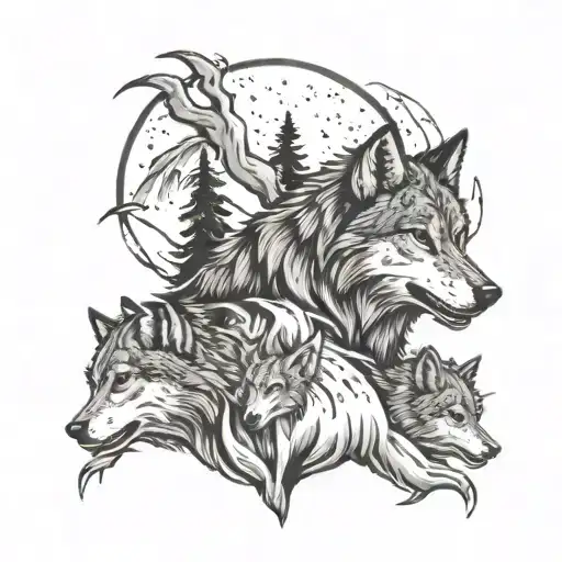 Wolf Surrounded By Wolves Howling Out In Nature