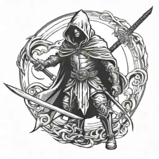 A Full-length Hooded Warrior Standing Straight With His Sword Lowered