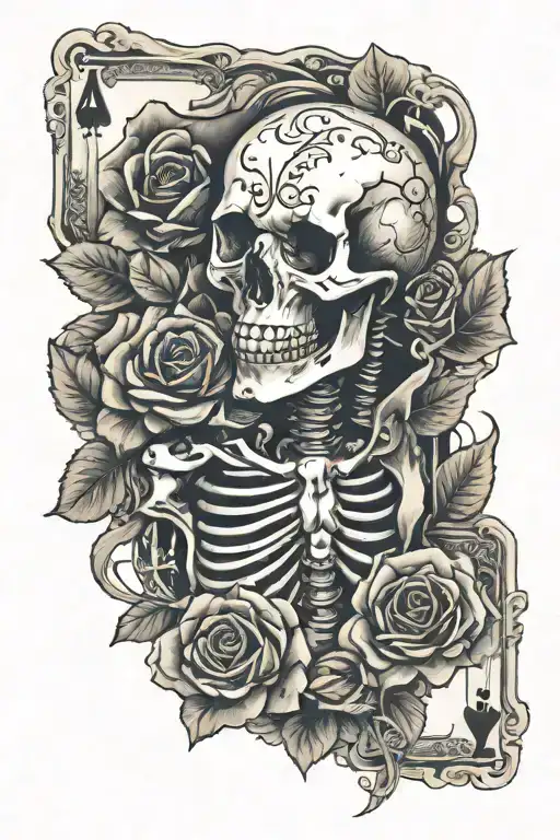 A Money Rose That Has A Skeleton Holding Cards And Dice With Othe Details