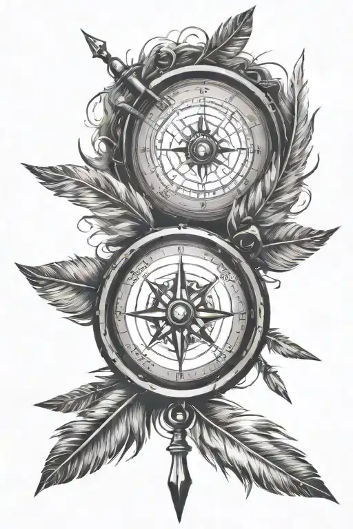 Compass And Feathers Tied To The Arrow With Ribbons