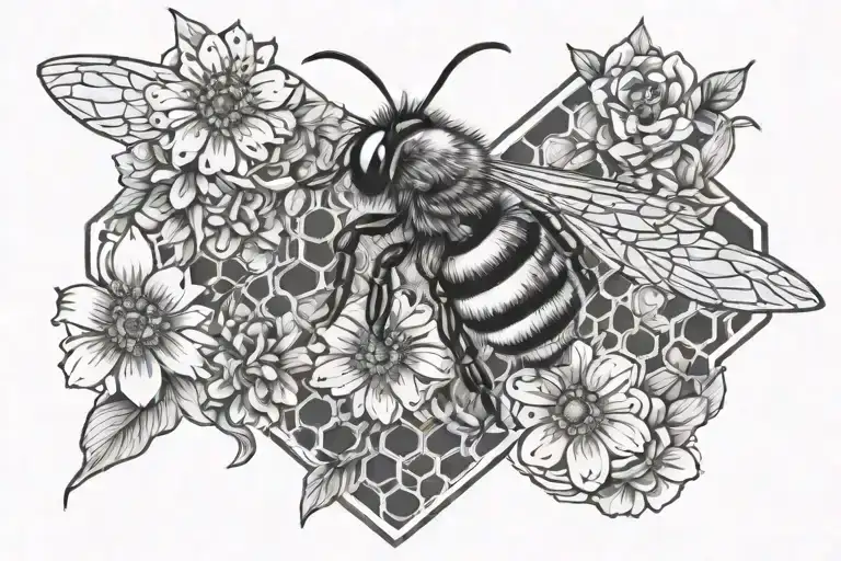 Bee Honeycomb Pattern With Bee Flying And Flowers