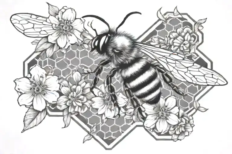 Bee Honeycomb Pattern With Bee Flying And Flowers