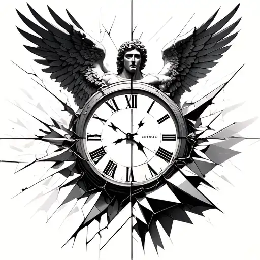 Icarus Statue Broken Fine Line With Geometry Aspect And A Broken Clock That Split Halfway