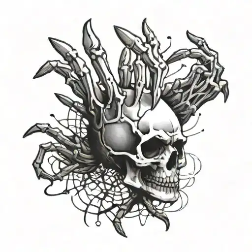Hand Skull Tattoo With Bones On Fingers With Spider Wed And Spider On It