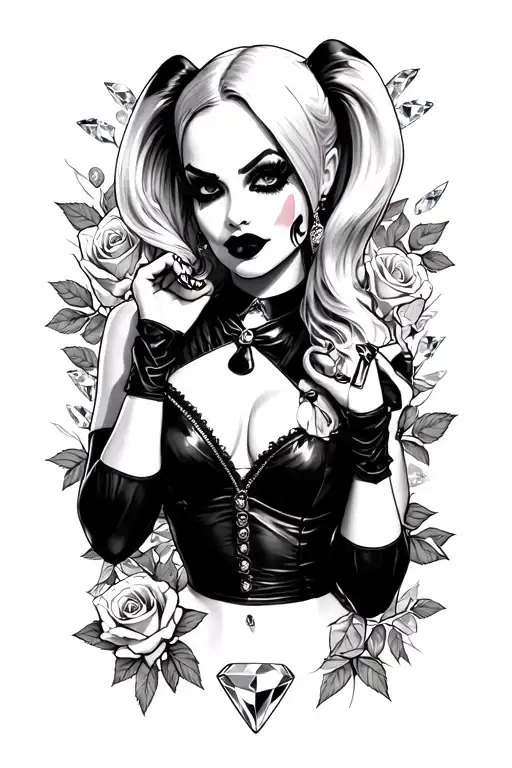 Harley Quinn Pinup With Diamonds And Roses In In Background