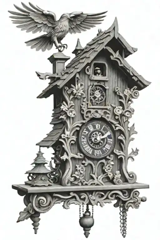 German Cuckoo Clock With Edelweiss Surrounding And A Chimney Roof With Weights On The Bottom
