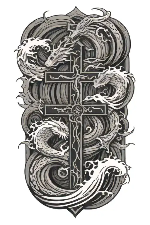 Waves And Cross Surrounded By Dragons