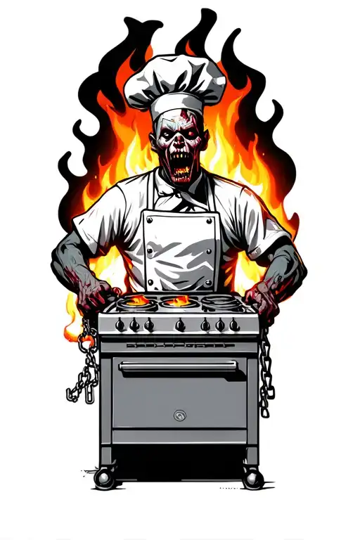 Zombie Chef Chained To Stove Surrounded By Flames Wrapped