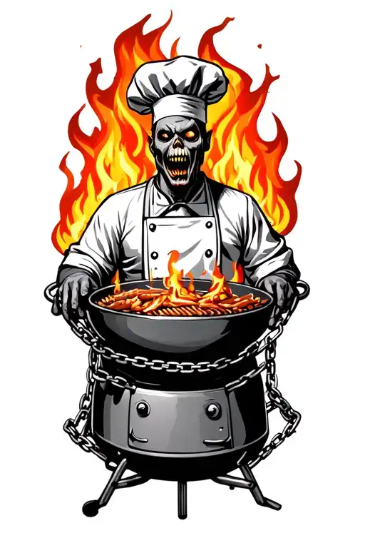 Zombie Chef Chained To Grill Surrounded By Flames Wrapped