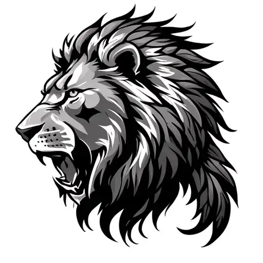 Roaring Lion Head Profile With Mane Made Of Feathers