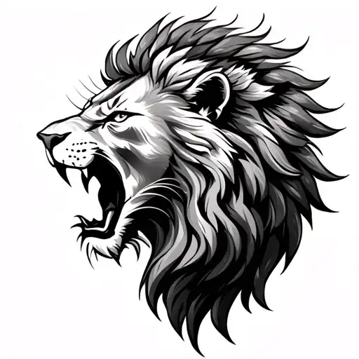 Roaring Lion Head Profile With Flowing Mane Made Of Feathers