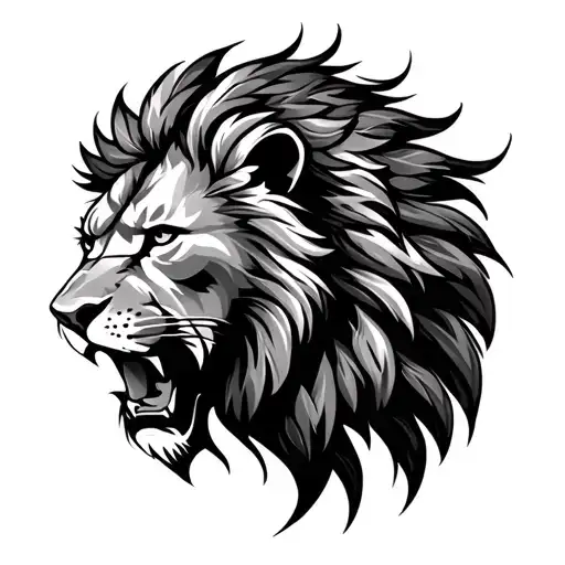 Roaring Lion Head Profile With Flowing Long Mane Made Of Feathers