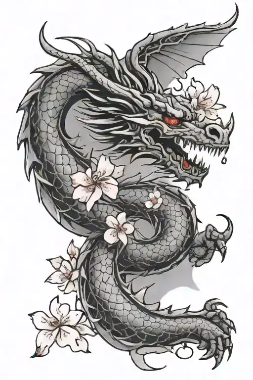 Dragon And Cherry Blossom Petals Falling
