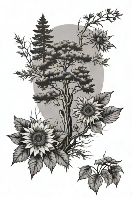 Pine Tree And Sunflowers