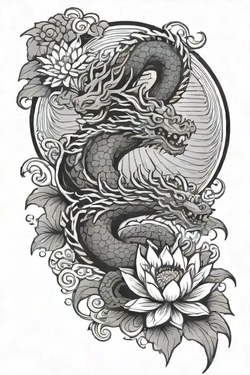 Japanese Rising Sun With Lotus Flower And Dragon