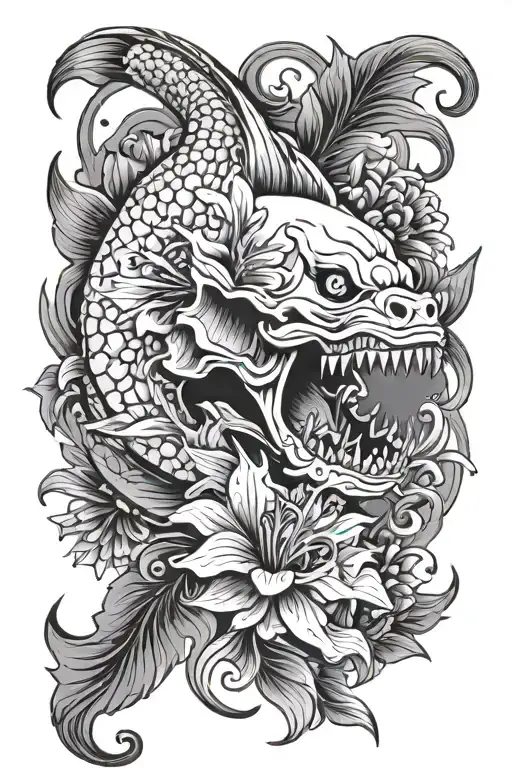 Skull Faced Koi Fish With Tiger Lilly Flower