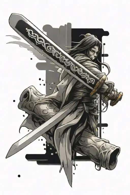 Katana In 45 Degree Angle With Blur Painting Falling From The Blade