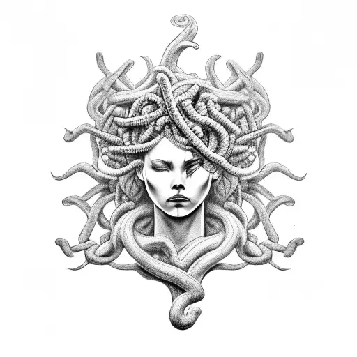 A Black And Grey Tattoo Featuring A Warrior Embracing Her Inner Medusa
