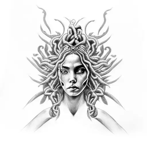 A Black And Grey Tattoo Featuring A Warrior Embracing Her Inner Medusa