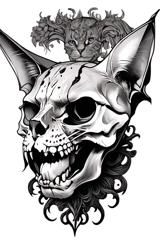 Micorealism Bat And Cat Skull Mixed With Greek Mythology Theme