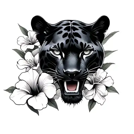 Hibiscus Flowers And Black Panther Whole Body