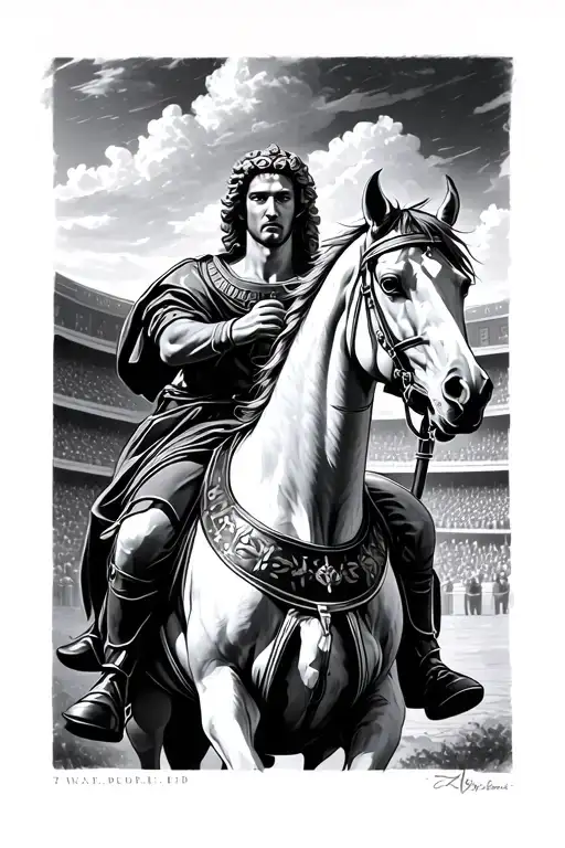 Alexander The Great On A Horse With An Arena In The Background