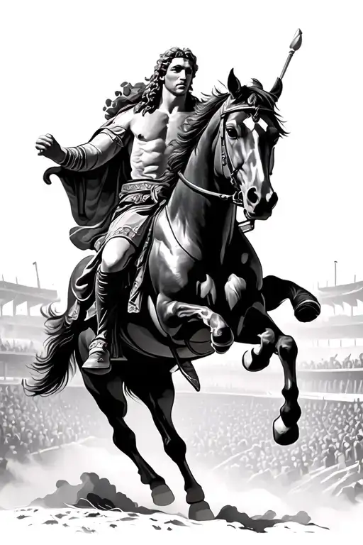 Alexander The Great On A Horse Fighting With An Arena In The Background