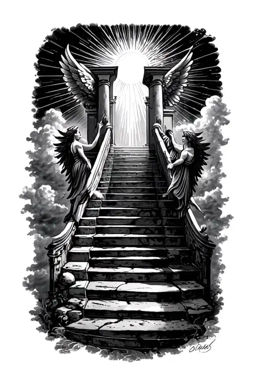 Stairway To Heaven Walking Up Stairs Angels Sun Rays Clouds Heaven Gate At The Top Of The Stairs