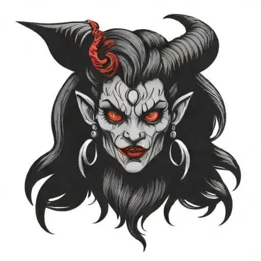 Red Krampus Girl Portrait With Bat Tattoo Style Cartoon Drawing No Background