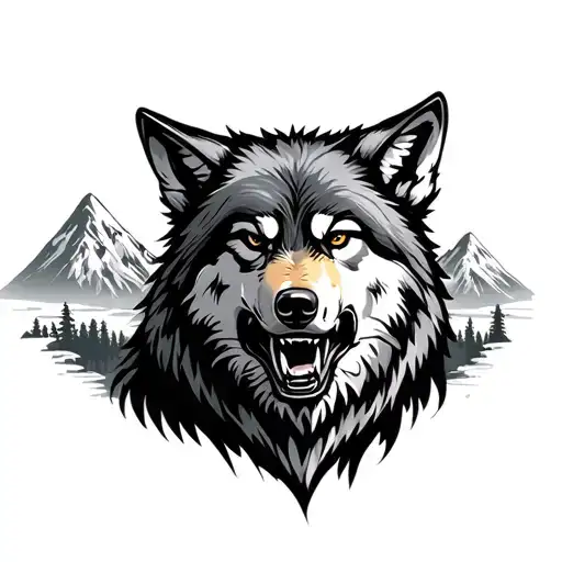 Growling Wolf And Mountains