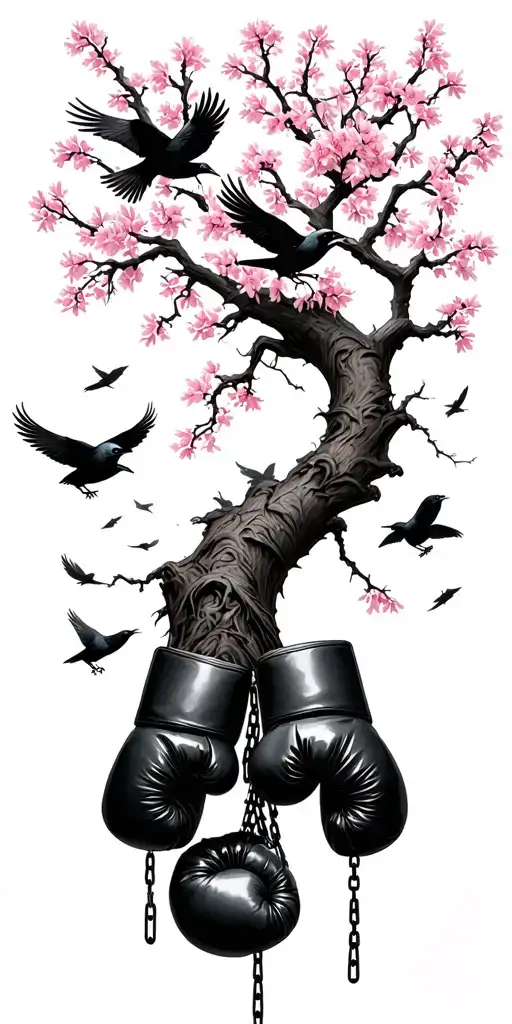 Sakura Tree With Crows Flying Around Feathers Falling Boxing Gloves Hang Chains Around