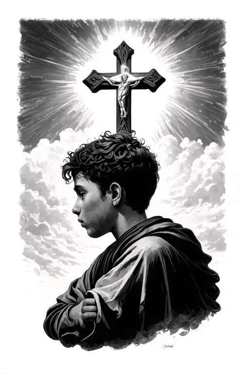 A Little Man Looking Into The Distance And Seeing A Vision Of A Cross