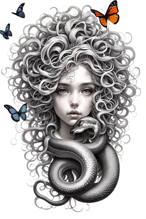Medusa Snake Hair Surrounded By Butterflies Fluttering