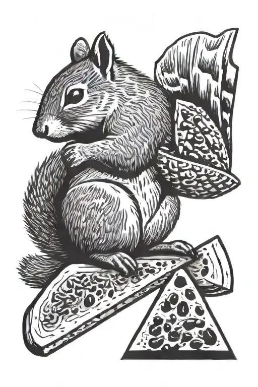 Minimalist Black And White Squirrel Eating A Triangle Slice Of Watermelon