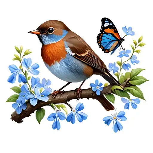 Robin And Butterfly On A Branch With Forget Me Nots And Bluebells