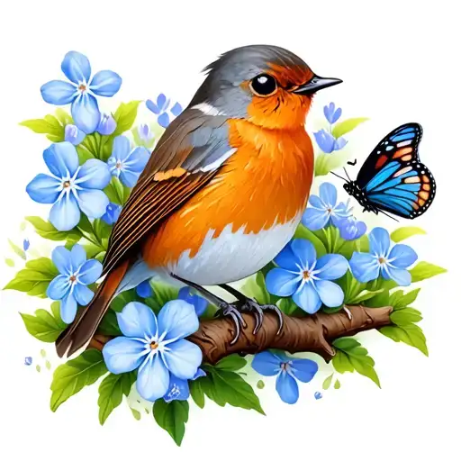 Robin And Butterfly On A Branch With 2 Forget Me Not Flowers And Bluebells