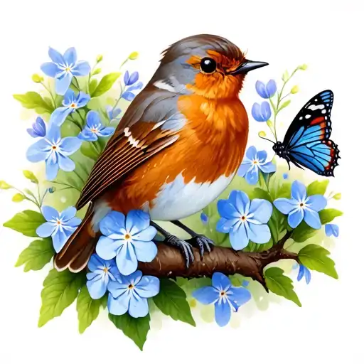 Robin And Butterfly On A Branch With 2 Forget Me Not Flowers And Bluebells