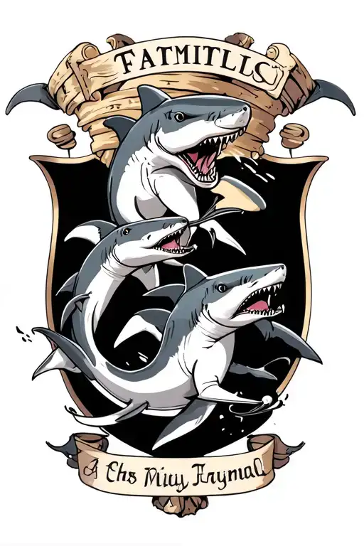 Family Crest Featuring 3D Sharks Chasing Each Other
