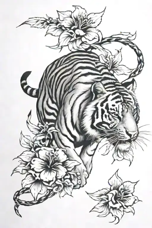 Walking Tiger With Hibiscus Flower Blooming