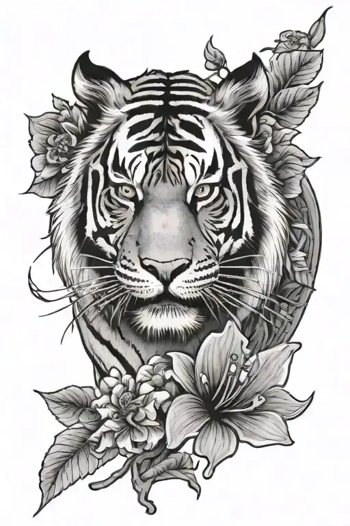 Chinese Tiger With Hibiscus Flower Blooming