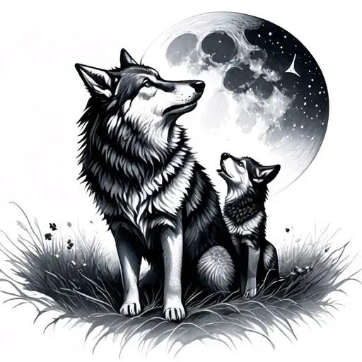 Wolf With Two Cubs Howling At The Moon With Stars
