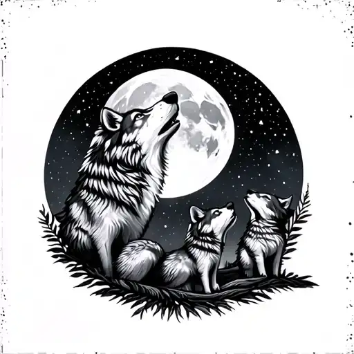 Wolf And Her Two Cubs Howling At The Moon And Stars In An Aries Constalation