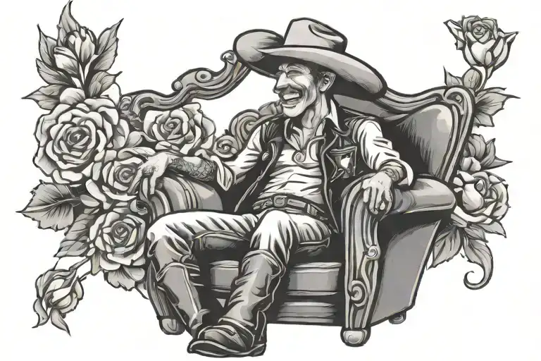 Cowboy In A Chair With Flowers And Laughing