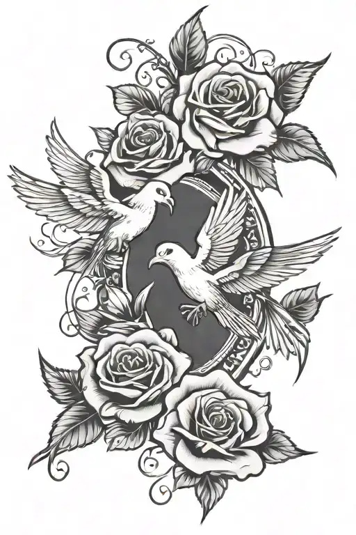 Family Letter Tattoo With A Rose And Clouds And Doves Flying And Lights